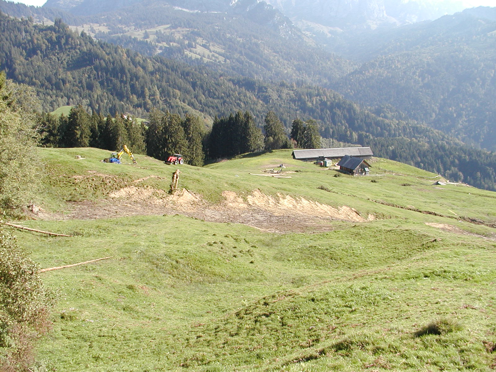 Alpental mit traditionellen Gebäuden und dramatischem Bergpanorama